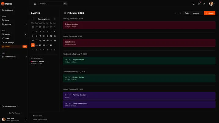 Events view of Deska Nuxt Dashboard Template