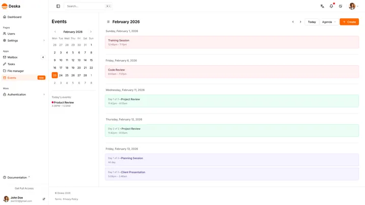 Events view of Deska Nuxt Dashboard Template
