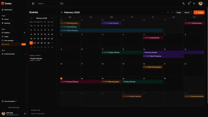 Events view of Deska Nuxt Dashboard Template