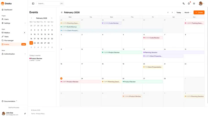 Events view of Deska Nuxt Dashboard Template
