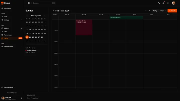 Events view of Deska Nuxt Dashboard Template