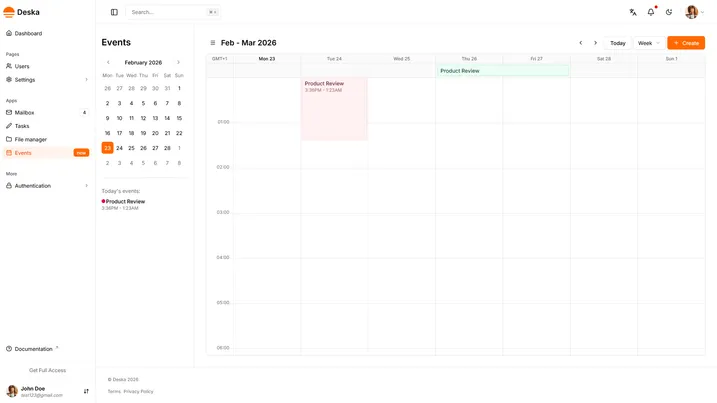Events view of Deska Nuxt Dashboard Template