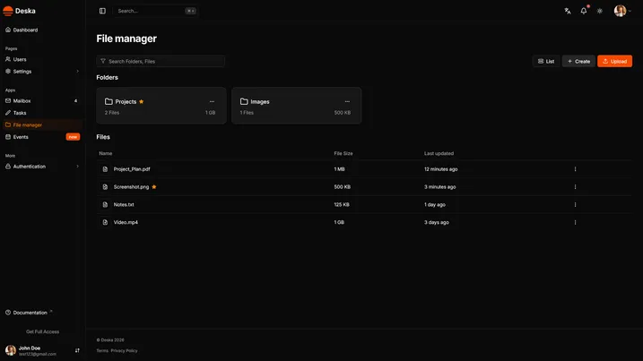 File manager view of Deska Nuxt Dashboard Template