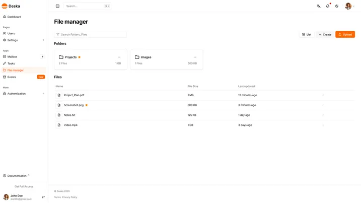 File manager view of Deska Nuxt Dashboard Template