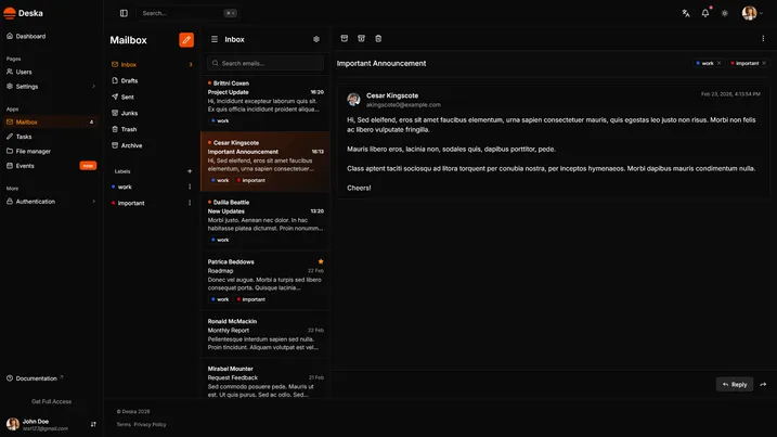 Mails view of Deska Nuxt Dashboard Template