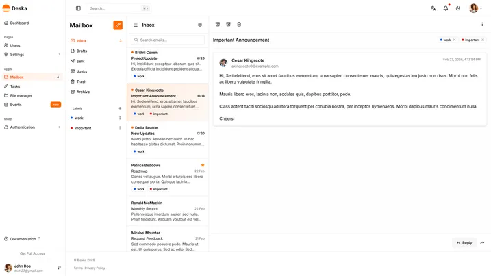 Mails view of Deska Nuxt Dashboard Template