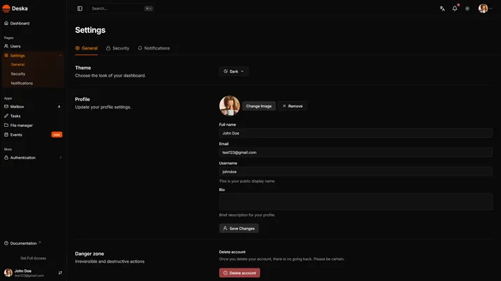 User settings view of Deska Nuxt Dashboard Template