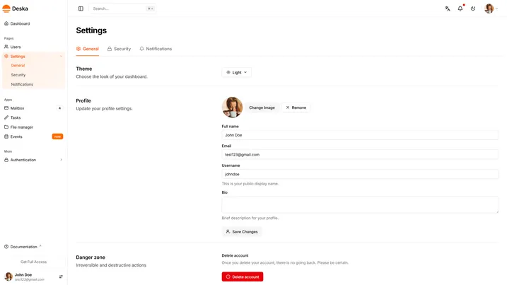 User settings view of Deska Nuxt Dashboard Template
