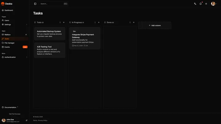 Tasks view of Deska Nuxt Dashboard Template