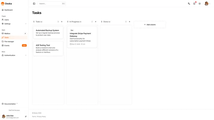Tasks view of Deska Nuxt Dashboard Template